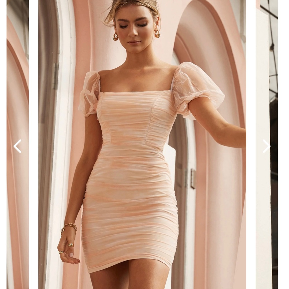Samaire Puff Sleeve Ruched Dress Marble Print Nude